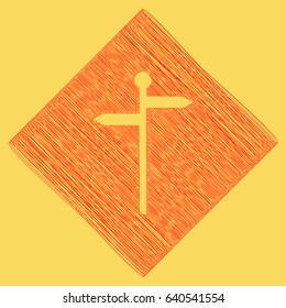 Direction road sign. Vector. Red scribble icon obtained as a result of subtraction rhomb and path. Royal yellow background.