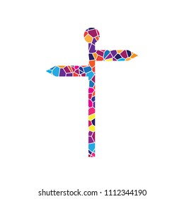 Direction road sign. Vector. Stained glass icon on white background. Colorful polygons. Isolated.