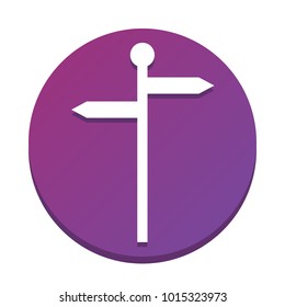 Direction road sign. Vector. White icon with flat shadow on purpureus circle at white background. Isolated.
