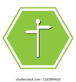 Direction road sign. Vector. White icon with black shadow at yellow green honeycomb on white background.