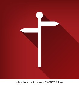 Direction road sign. Vector. White icon with limitless shadow at ruby red background.