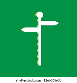 Direction road sign. Vector. White flat icon with yellow striped shadow at green background.