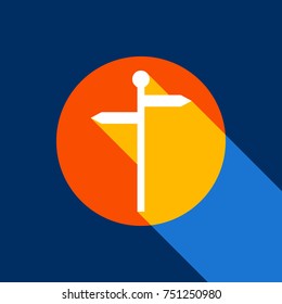 Direction road sign. Vector. White icon on tangelo circle with infinite shadow of light at cool black background. Selective yellow and bright navy blue are produced.