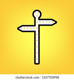 Direction road sign. Vector. Yellow polka dot white icon with black contour at warm yellow background.