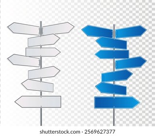 Direction road signs arrows on blue sky. Vector illustration.