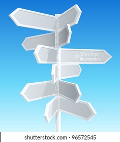 Direction road signs — arrows on blue sky. Vector illustration.