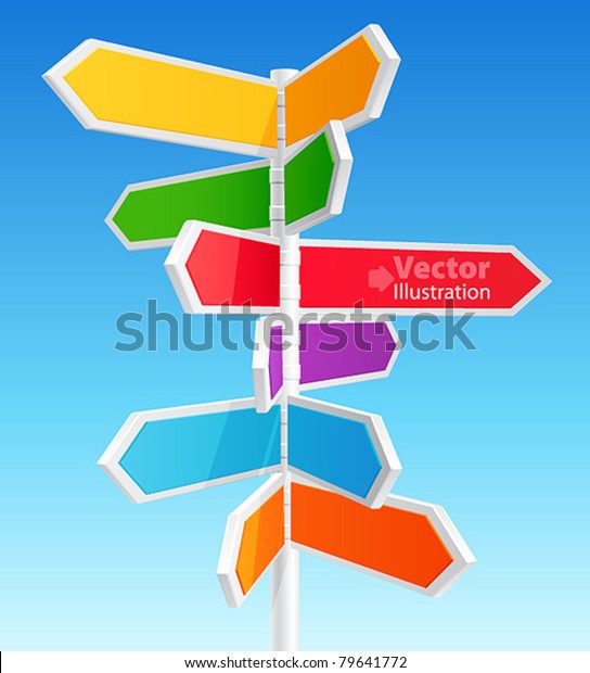 Direction road signs — arrows on blue sky.\
Vector illustration.