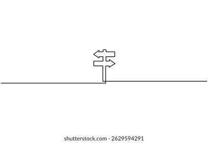 Direction route sign continuous one line drawing, Road direction sign arrows isolated on white background.