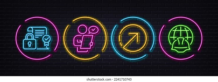 Direction, Security contract and Customer survey minimal line icons. Neon laser 3d lights. Global engineering icons. For web, application, printing. Navigation pointer, Private lock, Contract. Vector