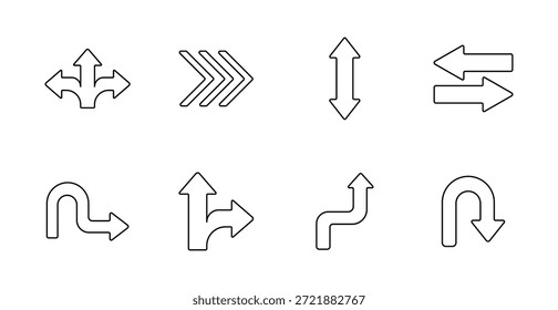 Ícone do conjunto de direções. Seta, para cima, para baixo, curva, curva em U, rota, movimento, navegação, sinalização, decisão, rua, fluxo de tráfego, wayfound