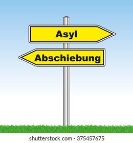 direction sign with "asylum and deportation" in german "Asyl And Abschiebung", showing opposite directions