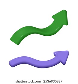 Direction sign, curly cartoon arrows in 3D realistic design, vector illustration. Curly green and purple arrows, motion symbol for web and ui game design, curve forward sign