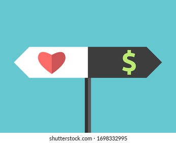 Direction sign, heart and dollar choice. Coronavirus pandemic, quarantine, economic crisis, health, love and money concept. Flat design.