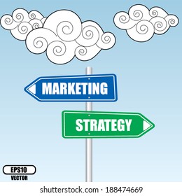 Direction sign with marketing and strategy words design over sky and cloud background - vector illustration.