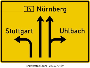 Direction sign on roads other than Autobahn with lane configurations.  Direction Signs, road signs Germany