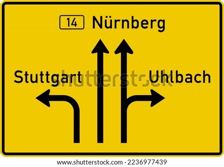 Direction sign on roads other than Autobahn with lane configurations.  Direction Signs, road signs Germany