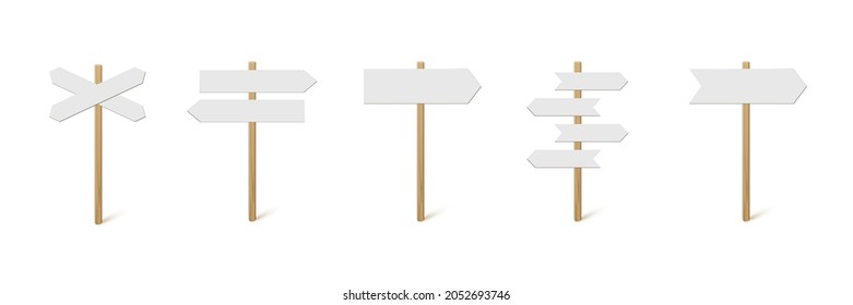 Direction sign post with arrow set vector illustration. Realistic 3d choice signpost to choose road or street, blank signboard pointer with wooden pole template collection isolated on white background