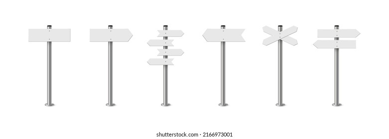 Direction sign post with arrow set vector illustration. Realistic 3d choice signpost to choose road or street, blank signboard pointer with steel pole template collection isolated on white background - Shutterstock ID 2166973001