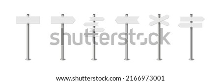 Direction sign post with arrow set vector illustration. Realistic 3d choice signpost to choose road or street, blank signboard pointer with steel pole template collection isolated on white background