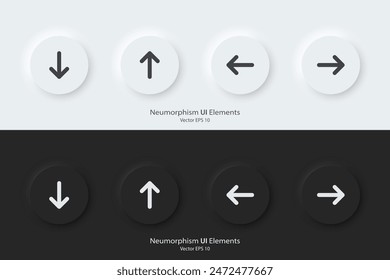 Direction sign. A set of black and white round buttons with direction symbols. The arrow up, down, right, left icon. 3D Neumorphism design style for Apps, Websites, Interfaces, and mobile apps. UI UX.