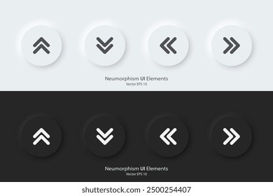 Direction sign. A set of black and white round buttons with direction symbols. The arrow up, down, right, left icon. 3D Neumorphism design style for Apps, Websites, Interfaces, and mobile apps. UI UX.