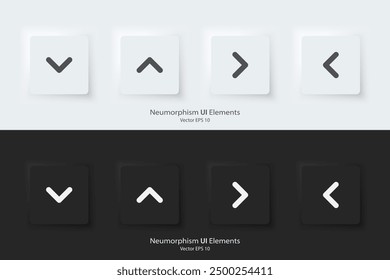 Direction sign. A set of black and white square buttons with direction symbols. The arrow up, down, right, left icon. 3D Neumorphism design style for Apps, Websites, Interface, and mobile apps. UI UX.