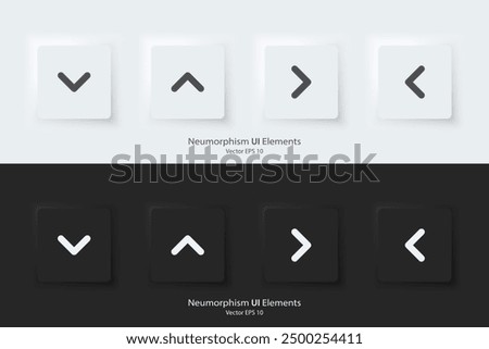 Direction sign. A set of black and white square buttons with direction symbols. The arrow up, down, right, left icon. 3D Neumorphism design style for Apps, Websites, Interface, and mobile apps. UI UX.