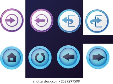 Direction sign. Set of blue, black and purple circular buttons with direction symbols. Left and right arrow icon. 3D design style for apps, editable vector