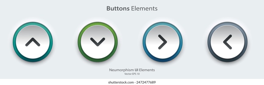 Direction sign. A set of white round buttons with direction symbols.  The arrow up, down, right left icon. 3D Neumorphism design style for Apps, Websites, Interfaces, and mobile apps. UI UX.