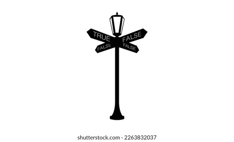 direction sign true, false, street lamp with arrows