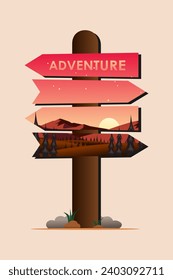 Direction Signboard with sunset nature landscape. Adventure sign direction. Vector illustration.