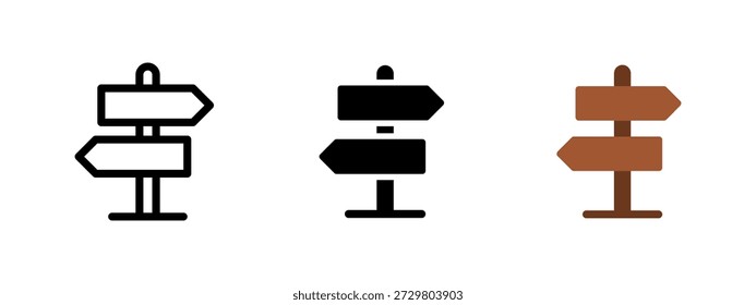 Direction signpost icon set in outline, solid and flat styles. Road signs with arrows pointing different ways for navigation, travel, guidance, choice and decision concepts.