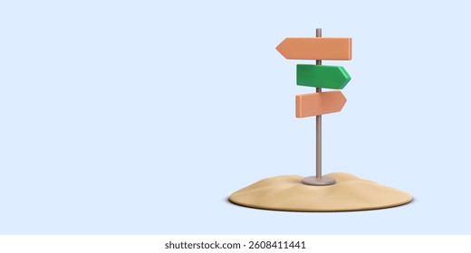 Direction Signpost Standing in Sand with Three Arrows Pointing Different Ways in Minimal 3D Style. Ideal for Travel, Decision, and Navigation Concepts. Vector Illustration.