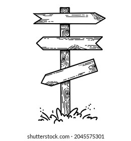 Direction signpost wooden timber vector illustration. Arrow shoeing the right way, distance. sketch engraved style. Navigation design object