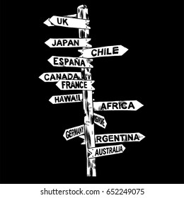 Direction signs different countries. Isolated illustration. Vector