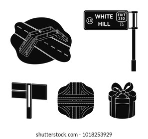 Direction signs and other web icon in black style.Road junctions and signs icons in set collection.