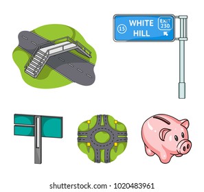 Direction signs and other web icon in cartoon style.Road junctions and signs icons in set collection.