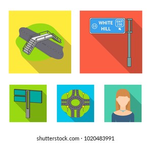 Direction signs and other web icon in flat style.Road junctions and signs icons in set collection.