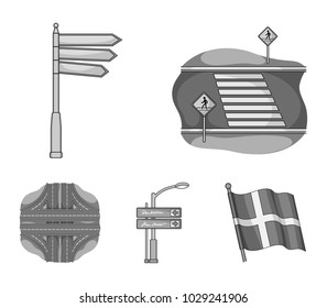 Direction signs and other web icon in monochrome style.Road junctions and signs icons in set collection.