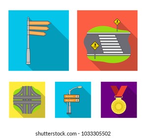 Direction signs and other web icon in flat style.Road junctions and signs icons in set collection.
