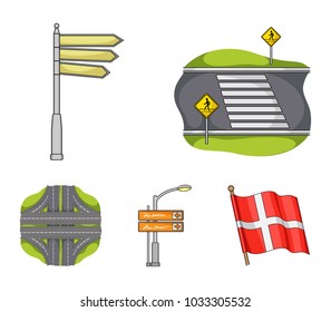 Direction signs and other web icon in cartoon style.Road junctions and signs icons in set collection.