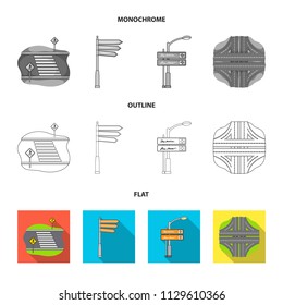 Direction signs and other web icon in flat,outline,monochrome style.Road junctions and signs icons in set collection.