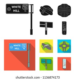 Direction signs and other web icon in black, flat style.Road junctions and signs icons in set collection.