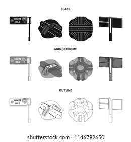 Direction signs and other web icon in black,monochrome,outline style.Road junctions and signs icons in set collection.