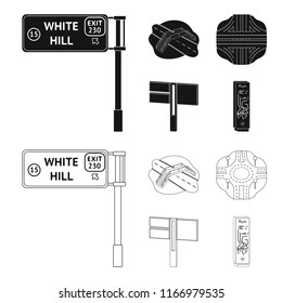 Direction signs and other web icon in black,outline style.Road junctions and signs icons in set collection.