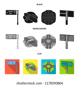 Direction signs and other web icon in black, flat, monochrome style.Road junctions and signs icons in set collection.