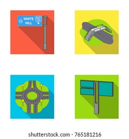 Direction signs and other web icon in flat style.Road junctions and signs icons in set collection.