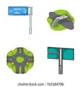 Direction signs and other web icon in cartoon style.Road junctions and signs icons in set collection.