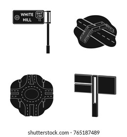 Direction signs and other web icon in black style.Road junctions and signs icons in set collection.