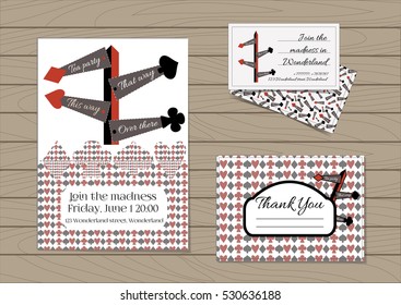Direction signs. Set collection of invitation card, thank you note, business card from Wonderland. Printable Vector Illustration for Graphic Projects, Parties, Web, celebrations;